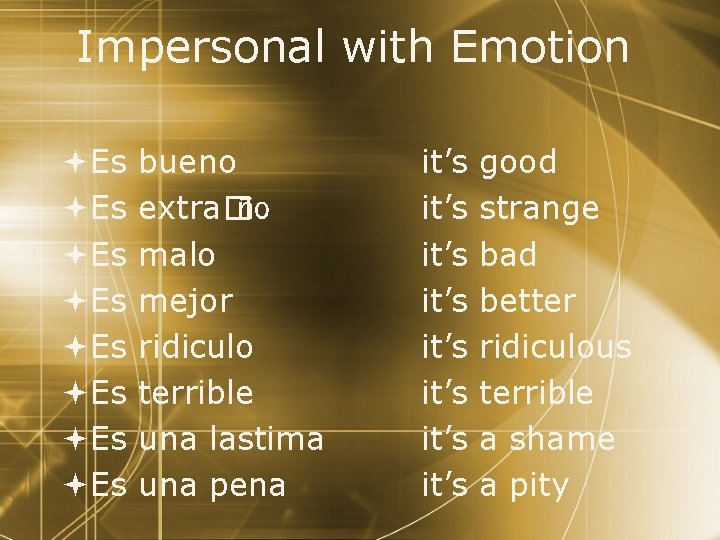 Impersonal with Emotion Es Es bueno extra�ño malo mejor ridiculo terrible una lastima una