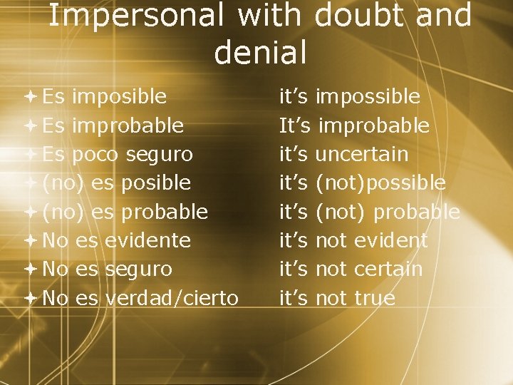 Impersonal with doubt and denial Es imposible Es improbable Es poco seguro (no) es