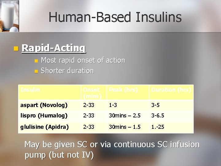 Human-Based Insulins n Rapid-Acting n n Most rapid onset of action Shorter duration Insulin