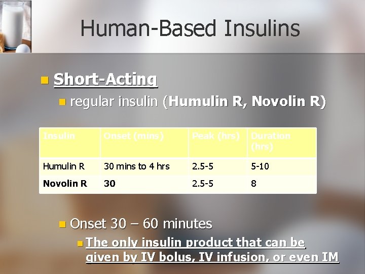 Human-Based Insulins n Short-Acting n regular insulin (Humulin R, Novolin R) Insulin Onset (mins)