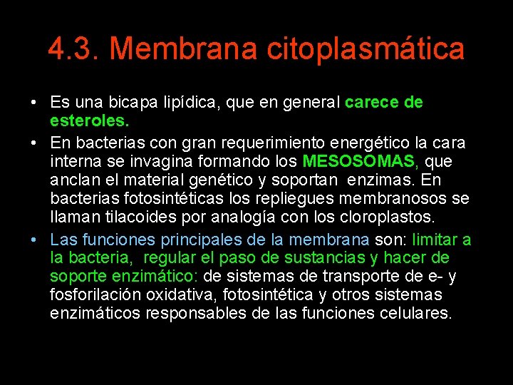 4. 3. Membrana citoplasmática • Es una bicapa lipídica, que en general carece de