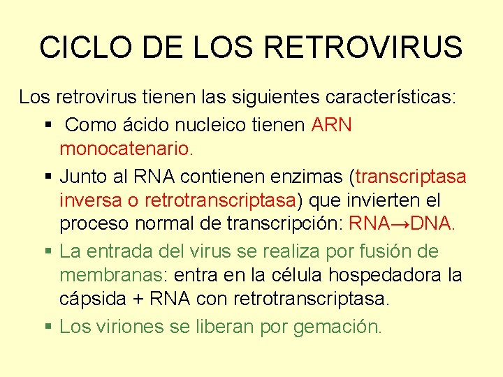 CICLO DE LOS RETROVIRUS Los retrovirus tienen las siguientes características: § Como ácido nucleico