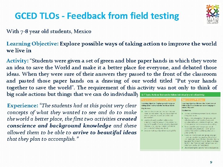 GCED TLOs - Feedback from field testing With 7 -8 year old students, Mexico