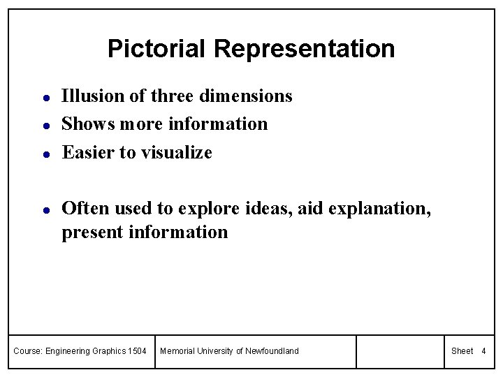 Pictorial Representation l l Illusion of three dimensions Shows more information Easier to visualize