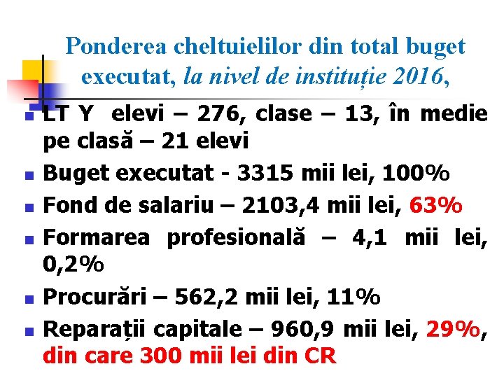 Ponderea cheltuielilor din total buget executat, la nivel de instituție 2016, n n n