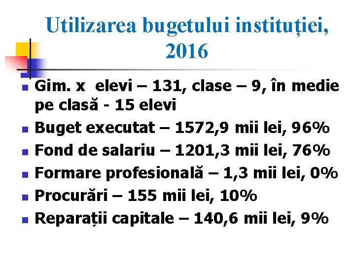 Utilizarea bugetului instituției, 2016 n n n Gim. x elevi – 131, clase –