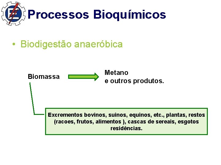 Processos Bioquímicos • Biodigestão anaeróbica Biomassa Metano e outros produtos. Excrementos bovinos, suinos, equinos,