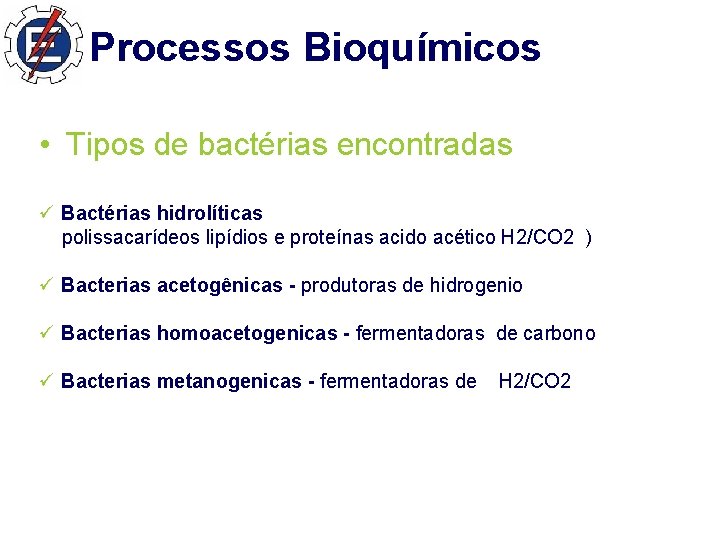 Processos Bioquímicos • Tipos de bactérias encontradas ü Bactérias hidrolíticas polissacarídeos lipídios e proteínas