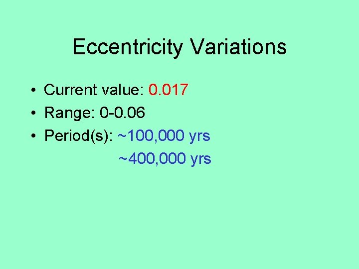 Eccentricity Variations • Current value: 0. 017 • Range: 0 -0. 06 • Period(s):