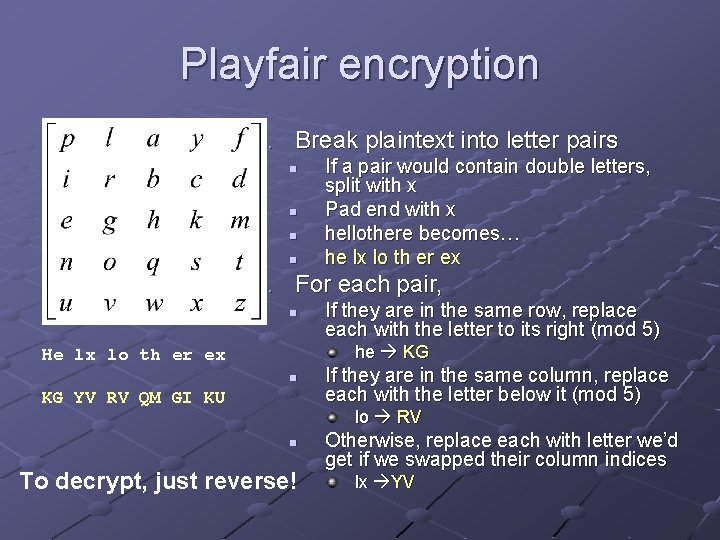 Playfair encryption 1. Break plaintext into letter pairs n n If a pair would