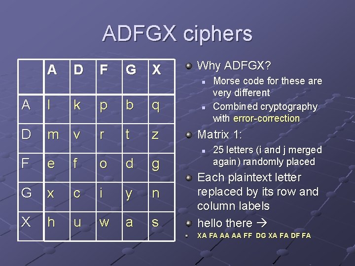 ADFGX ciphers A D F G X Why ADFGX? n A l k p