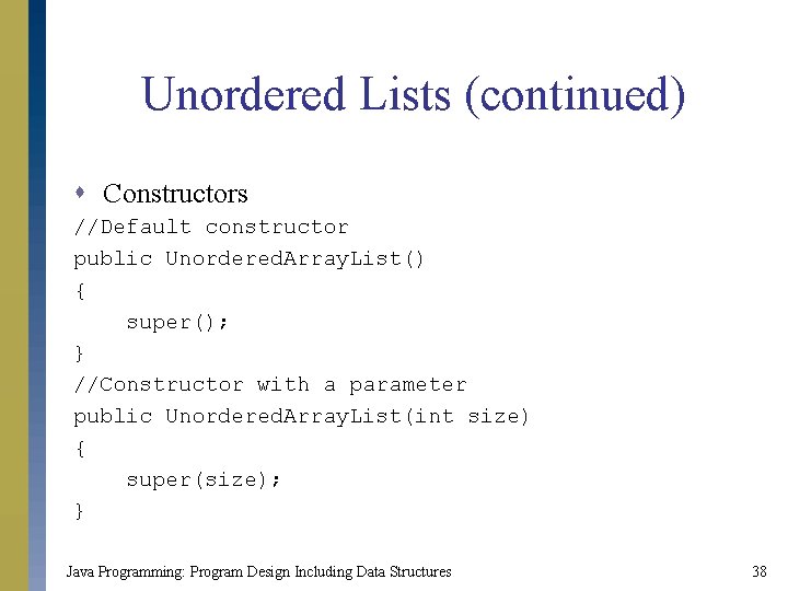 Unordered Lists (continued) s Constructors //Default constructor public Unordered. Array. List() { super(); } Unordered Lists (continued) s Constructors //Default constructor public Unordered. Array. List() { super(); }
