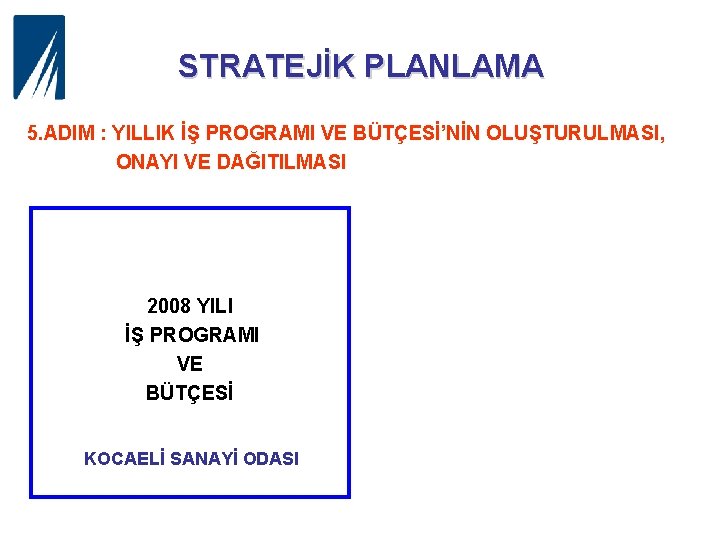 STRATEJİK PLANLAMA 5. ADIM : YILLIK İŞ PROGRAMI VE BÜTÇESİ’NİN OLUŞTURULMASI, ONAYI VE DAĞITILMASI