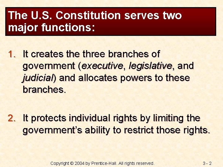 The U. S. Constitution serves two major functions: 1. It creates the three branches