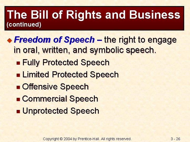 The Bill of Rights and Business (continued) u Freedom of Speech – the right