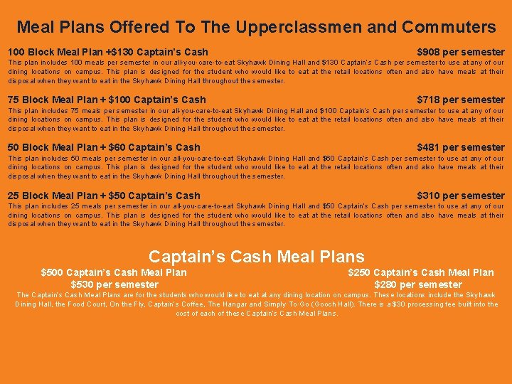 Meal Plans Offered To The Upperclassmen and Commuters 100 Block Meal Plan +$130 Captain’s