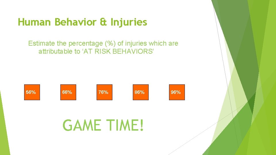 Human Behavior & Injuries Estimate the percentage (%) of injuries which are attributable to