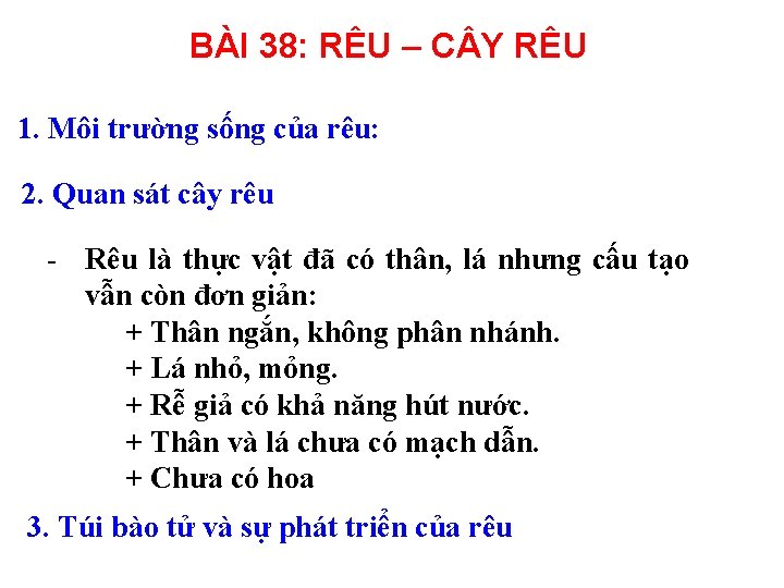 BÀI 38: RÊU – C Y RÊU 1. Môi trường sống của rêu: 2.