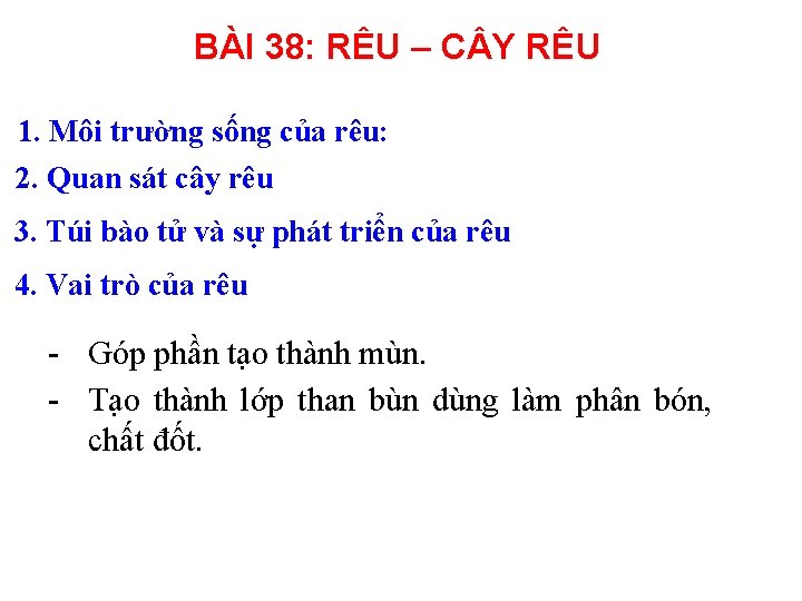 BÀI 38: RÊU – C Y RÊU 1. Môi trường sống của rêu: 2.