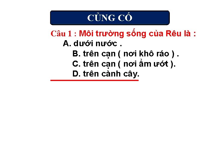 CỦNG CỐ Câu 1 : Môi trường sống của Rêu là : A. dưới