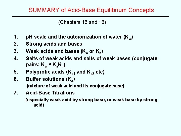 SUMMARY of Acid-Base Equilibrium Concepts (Chapters 15 and 16) 1. 2. 3. 4. 5.