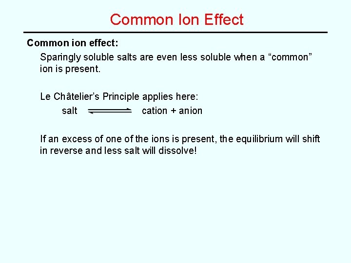 Common Ion Effect Common ion effect: Sparingly soluble salts are even less soluble when