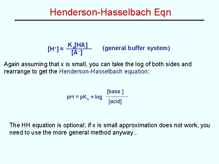 Henderson-Hasselbach Eqn [H+] ≈ Ka[HA] [A–] (general buffer system) Again assuming that x is