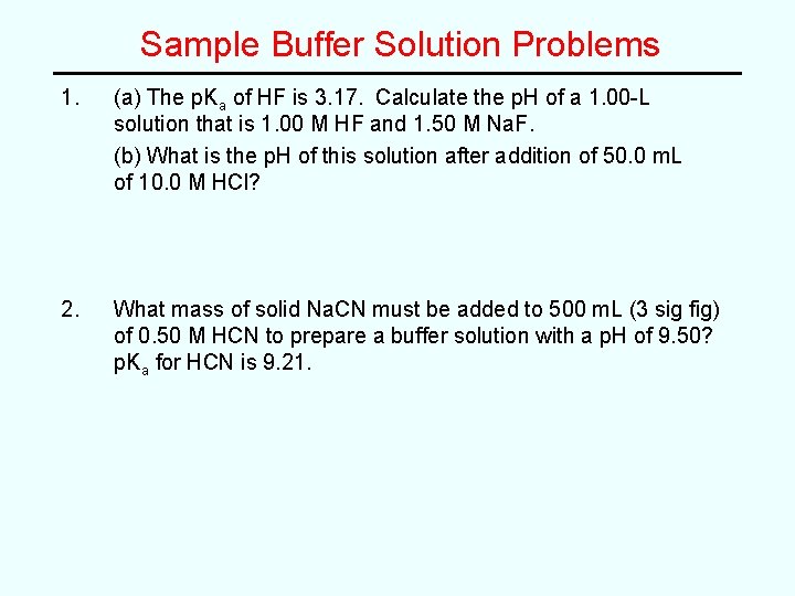 Sample Buffer Solution Problems 1. (a) The p. Ka of HF is 3. 17.