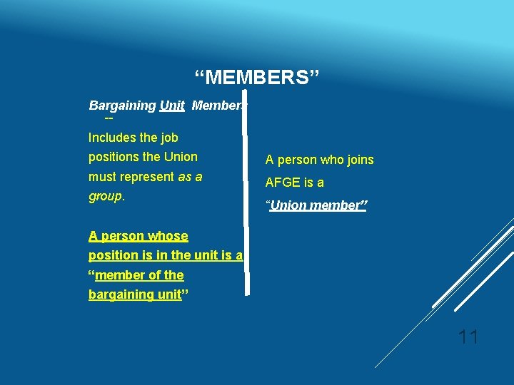 “MEMBERS” Bargaining Unit Members -Includes the job positions the Union A person who joins