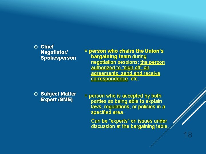  Chief Negotiator/ Spokesperson Subject Matter Expert (SME) = person who chairs the Union’s
