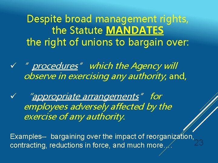 Despite broad management rights, the Statute MANDATES the right of unions to bargain over: