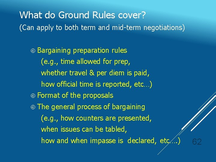 What do Ground Rules cover? (Can apply to both term and mid-term negotiations) Bargaining