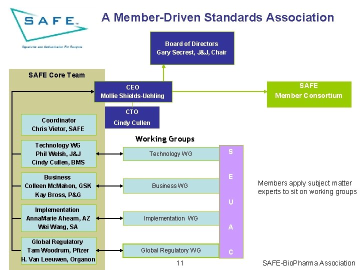 A Member-Driven Standards Association Board of Directors Gary Secrest, J&J, Chair SAFE Core Team