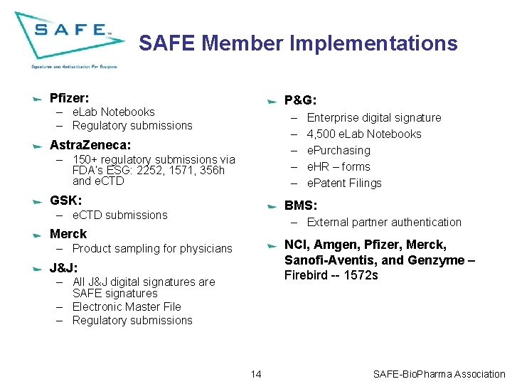 SAFE Member Implementations Pfizer: P&G: – e. Lab Notebooks – Regulatory submissions – –