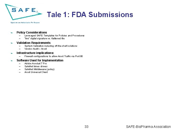 Tale 1: FDA Submissions Policy Considerations – – Leveraged SAFE Templates for Policies and