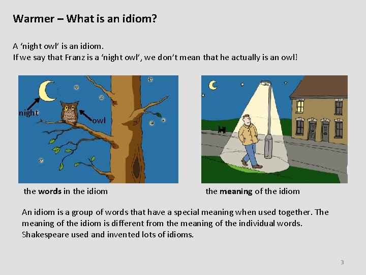 Warmer – What is an idiom? A ‘night owl’ is an idiom. If we