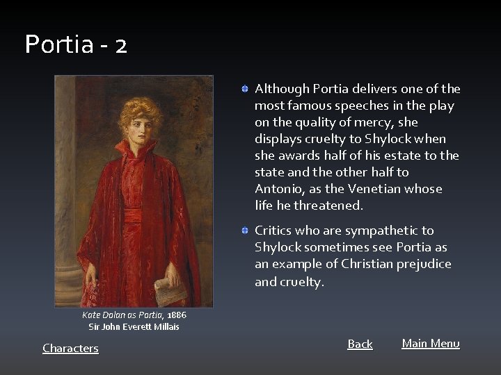 Portia - 2 Although Portia delivers one of the most famous speeches in the
