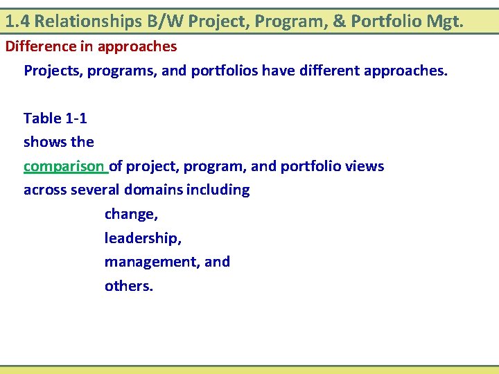 1. 4 Relationships B/W Project, Program, & Portfolio Mgt. Difference in approaches Projects, programs,