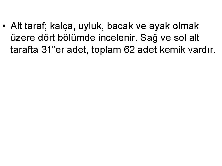  • Alt taraf; kalça, uyluk, bacak ve ayak olmak üzere dört bölümde incelenir.