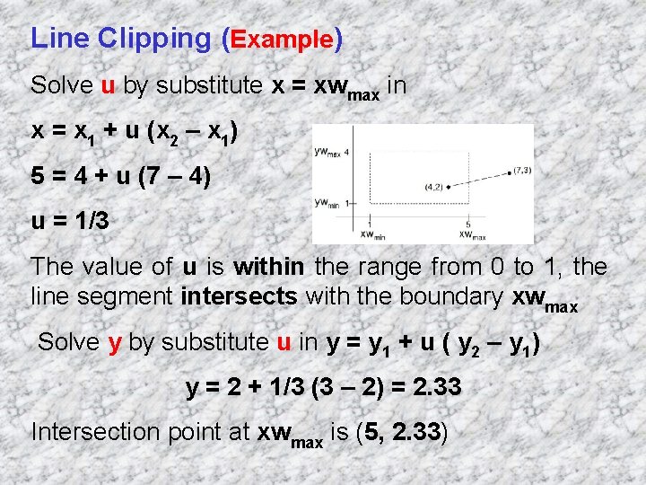 Line Clipping (Example) Solve u by substitute x = xwmax in x = x