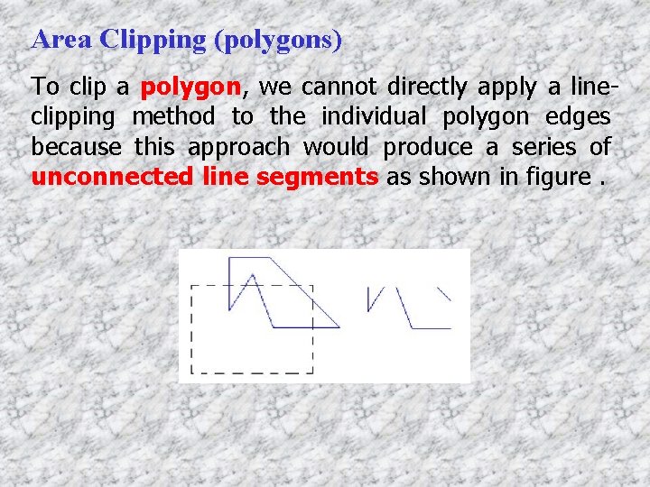 Area Clipping (polygons) To clip a polygon, we cannot directly apply a lineclipping method