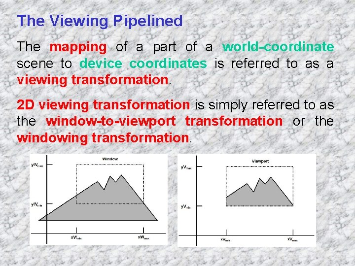 The Viewing Pipelined The mapping of a part of a world-coordinate scene to device
