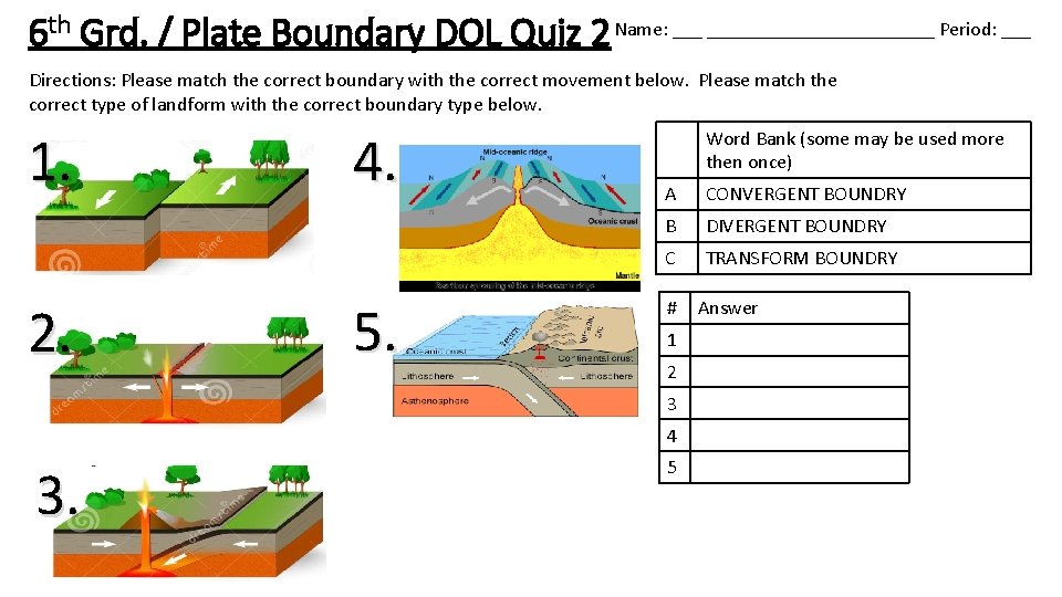 6 th Grd. / Plate Boundary DOL Quiz 2 Name: _____________ Period: ___ Directions: