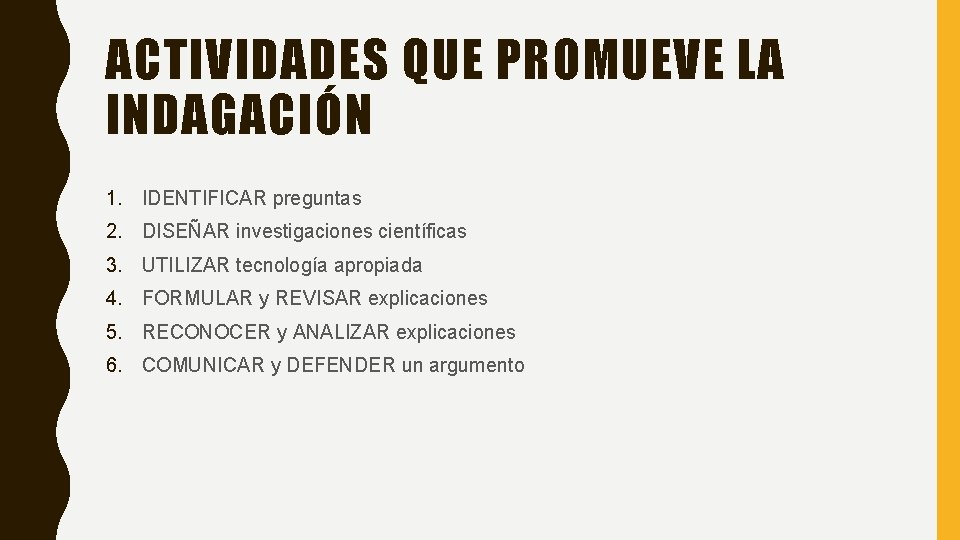 ACTIVIDADES QUE PROMUEVE LA INDAGACIÓN 1. IDENTIFICAR preguntas 2. DISEÑAR investigaciones científicas 3. UTILIZAR