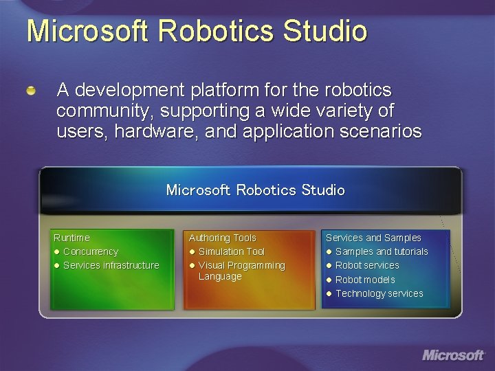 Microsoft Robotics Studio A development platform for the robotics community, supporting a wide variety