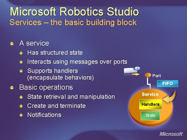 Microsoft Robotics Studio Services – the basic building block A service Has structured state