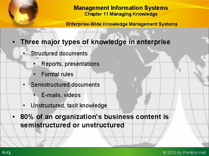 Management Information Systems Chapter 11 Managing Knowledge Enterprise-Wide Knowledge Management Systems • Three major