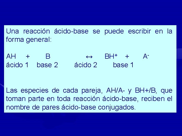 Una reacción ácido-base se puede escribir en la forma general: AH + B ↔