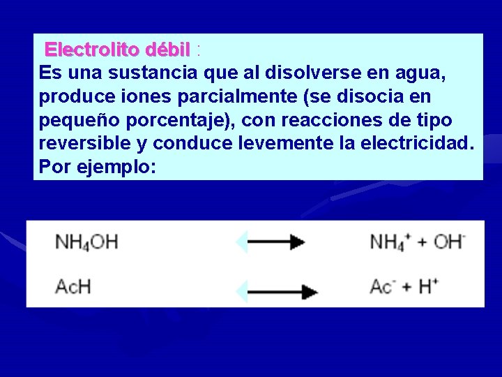  Electrolito débil : Electrolito débil Es una sustancia que al disolverse en agua,