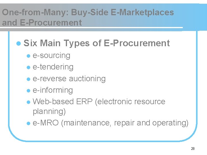 One-from-Many: Buy-Side E-Marketplaces and E-Procurement l Six Main Types of E-Procurement e-sourcing l e-tendering